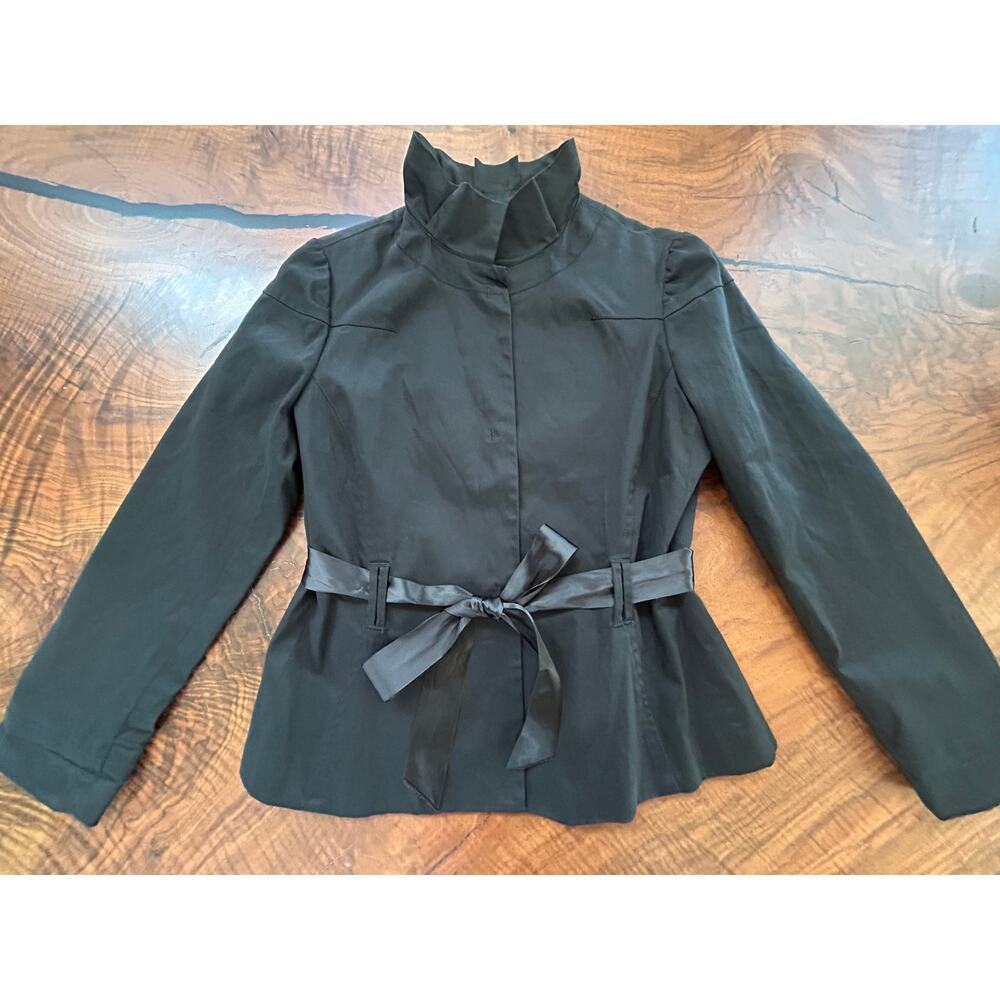 Sandro Black Ruffle Collar Belted Jacket Size L Satin Ribbon Tie Trench Blazer